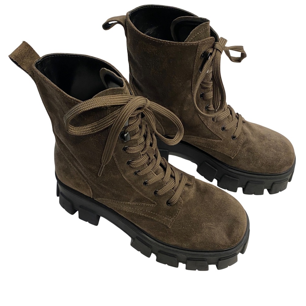 Marc Fisher LTD Happy Olive Brown Suede Chunky Lug Sole Combat Boots Womens 8M